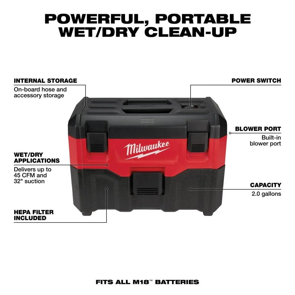 M18 18-Volt 2 Gal. Lithium-Ion Cordless Wet/Dry Vacuum (Vacuum-Only) | 0880-20 - Cable Connection & Supply 