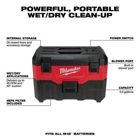 M18 18-Volt 2 Gal. Lithium-Ion Cordless Wet/Dry Vacuum (Vacuum-Only) | 0880-20 - Cable Connection & Supply 